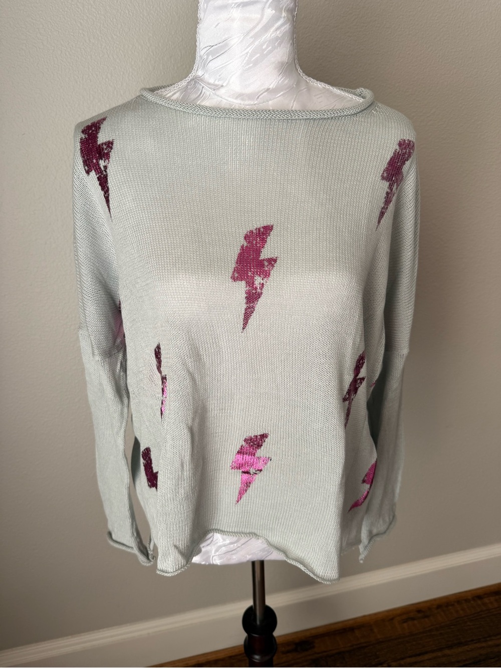 Wooden Ships Light Sage Sweater with Pink Metallic Lightning Bolts